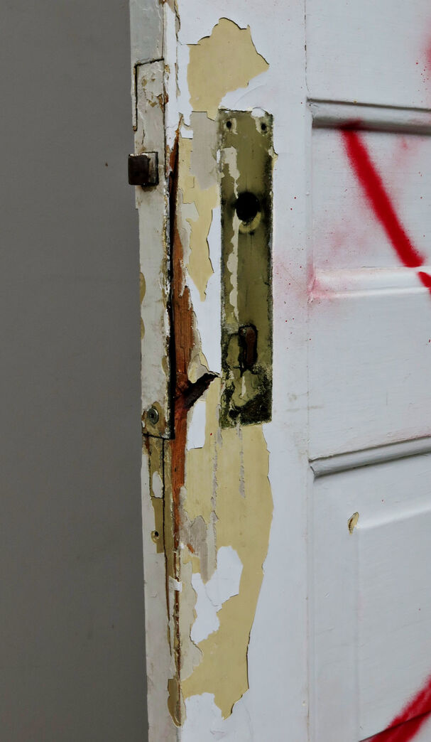 fyldningsdør med karm og skade. fyldningsdør med karm og skade.