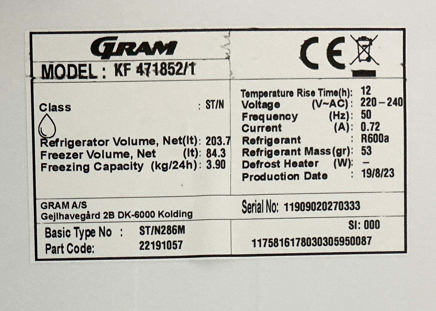 Fritstående GRAM Køle/Fryseskab 204/84 liter