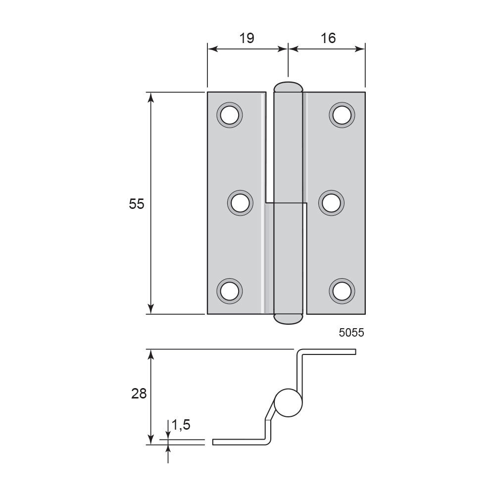 Overfalset skabshængsel  55mm - højrehængt