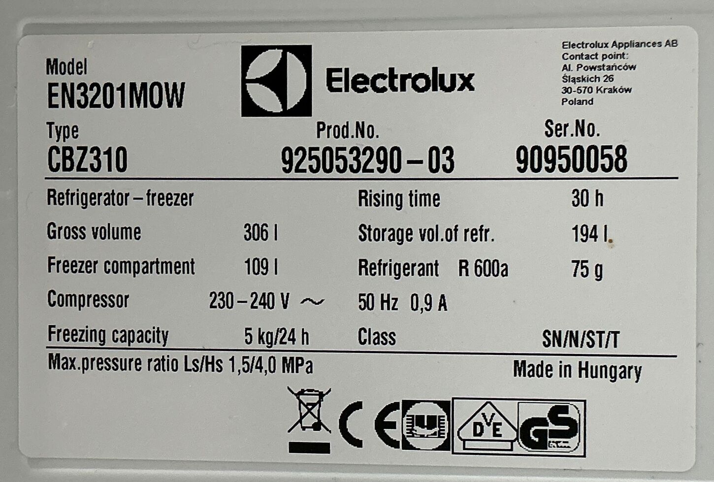 Fritstående Electrolux Køle/Fryseskab 194/109 liter