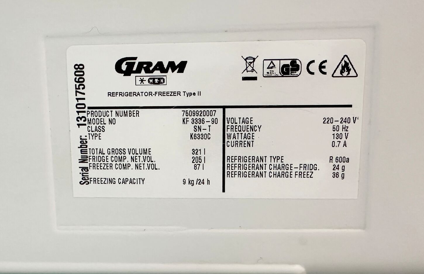 Fritstående Gram køle/fryseskab 205/90 liter