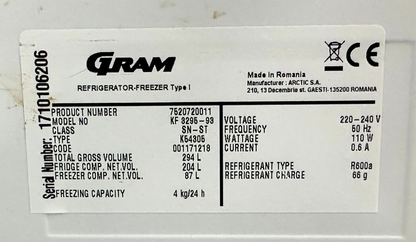 Fritstående Gram køle/fryseskab 204/87 liter