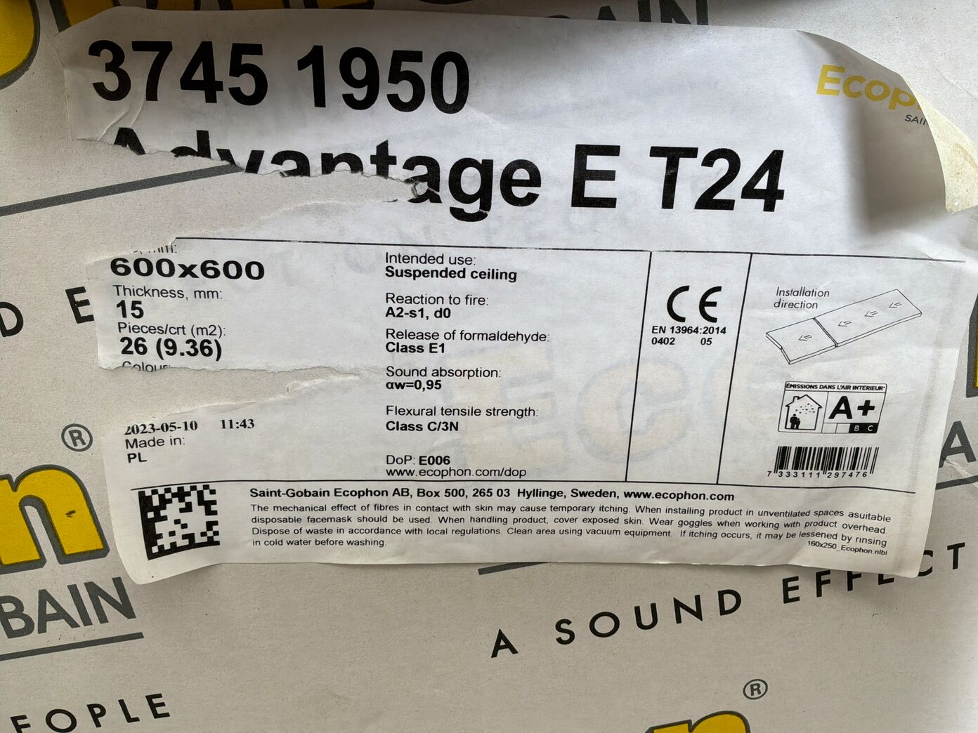 16 m2 Samlet parti Ecophon Advantage E T24 akustikloftplader 600 x 600 x 15 mm.