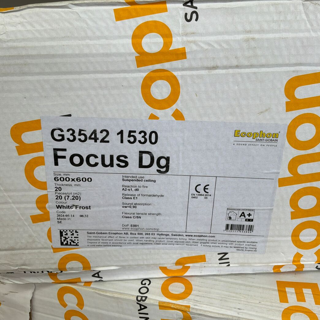 12,5 m2 Samlet parti Ecophon Focus Dg akustikloftplader 600 x 600 x 20 mm.