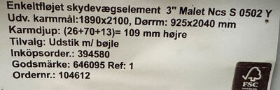 Skydevægselement karmmål 2090x2100 mm væg 109 mm