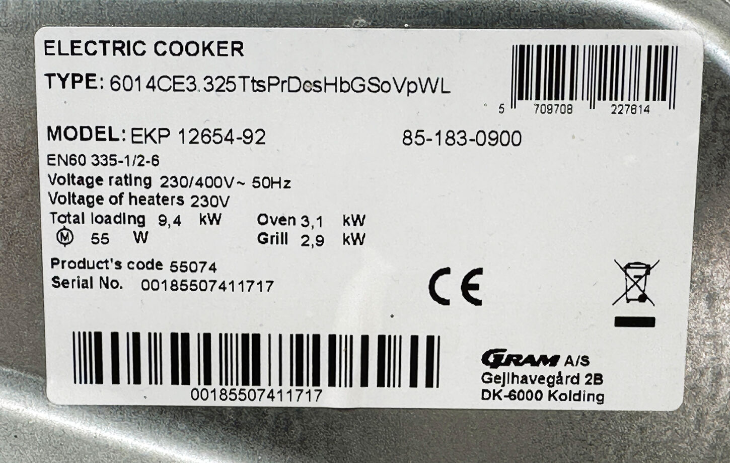 Gram keramisk komfur 85 cm h.