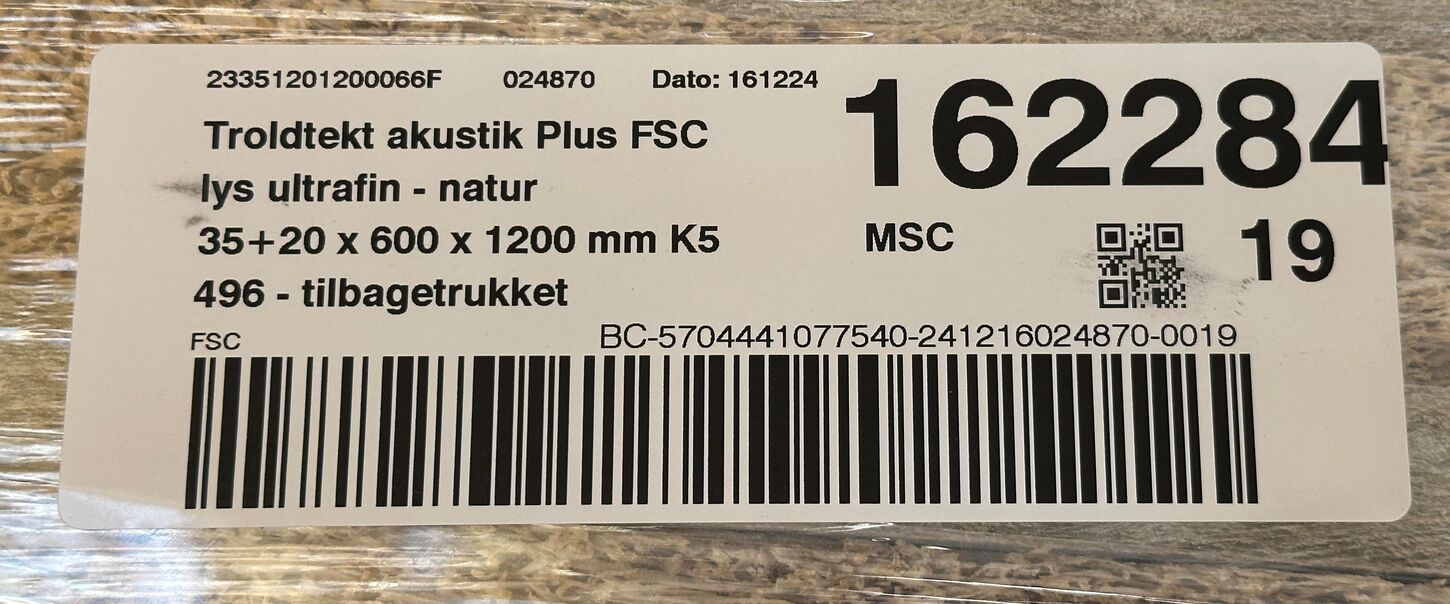 Troldtekt akustik plus FSC 3,5x60x120 cm Troldtekt akustik plus FSC 3,5x60x120 cm