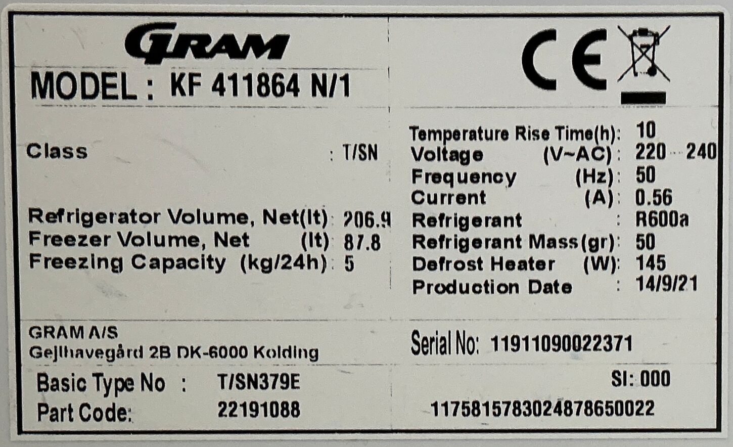 Fritstående GRAM Køle/Fryseskab 207/88 liter