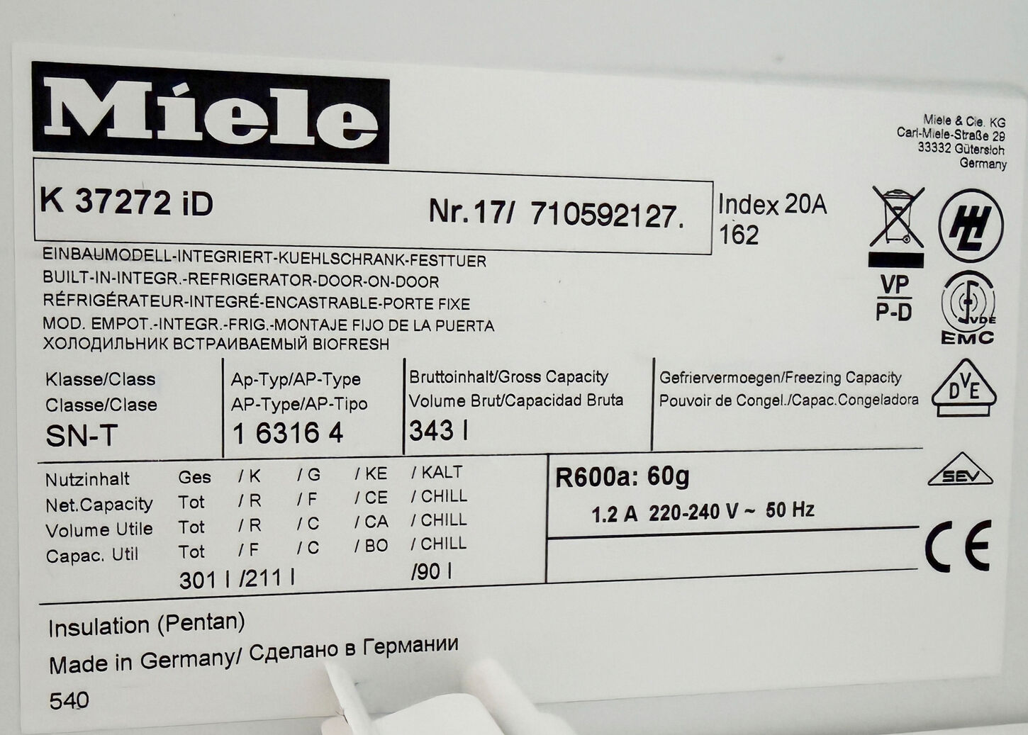 Miele integrerbart køleskab 300 liter