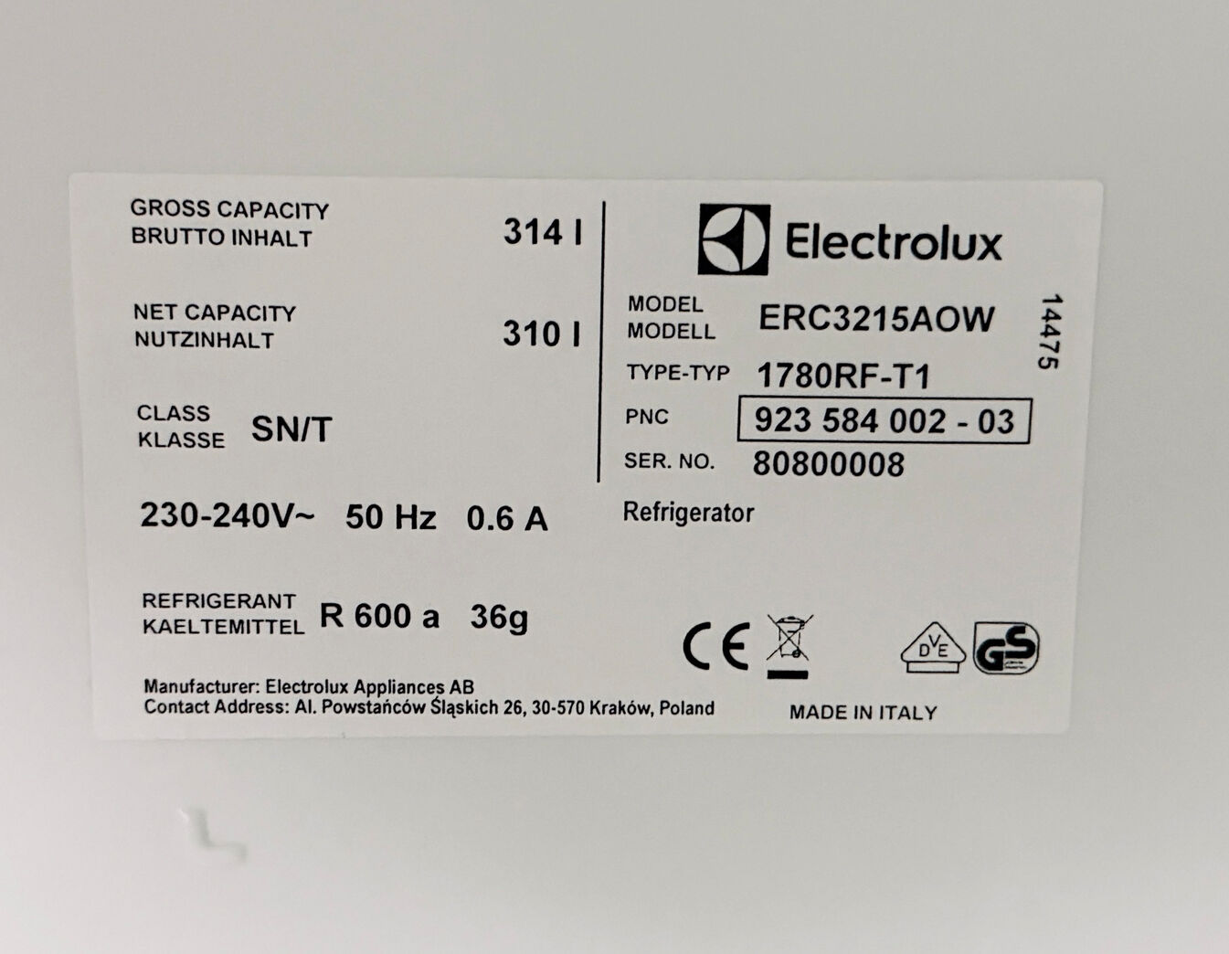 Elektrolux integrerbart køleskab 310 liter