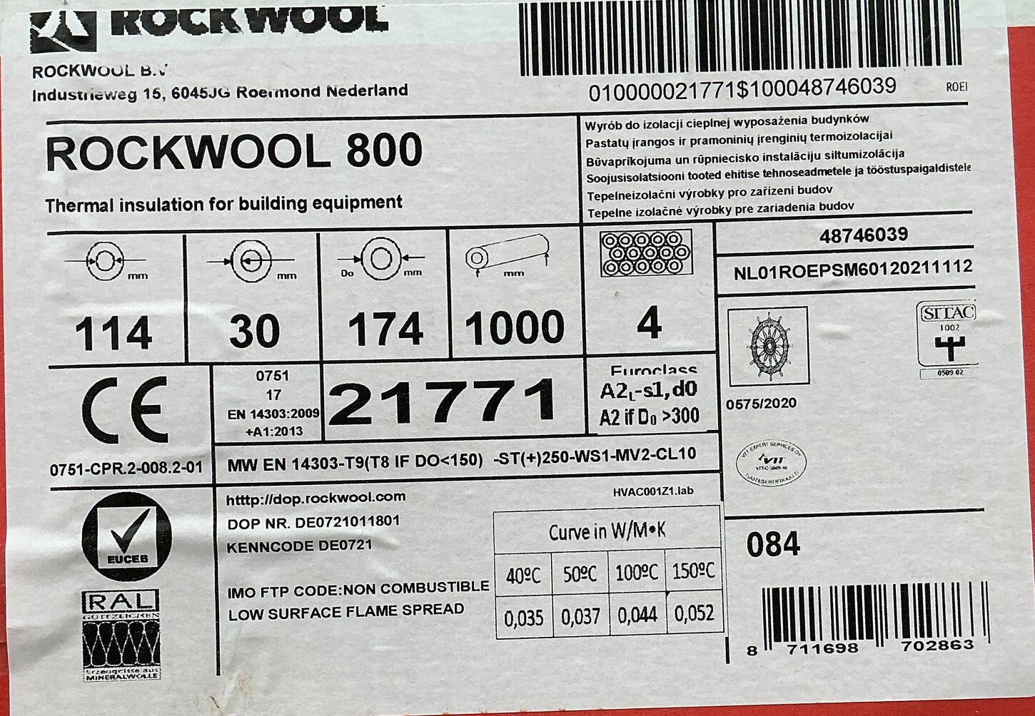 4 stk Rockwool 800 rulle 30mm