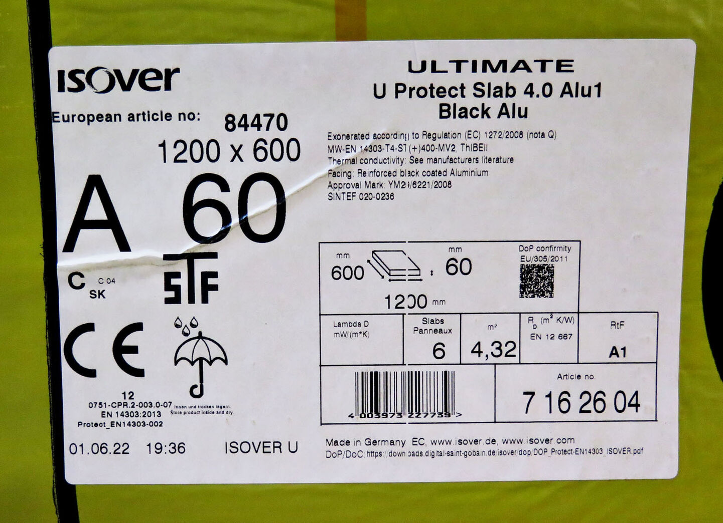 Mineraluldsplade med sort Alu, 60mm