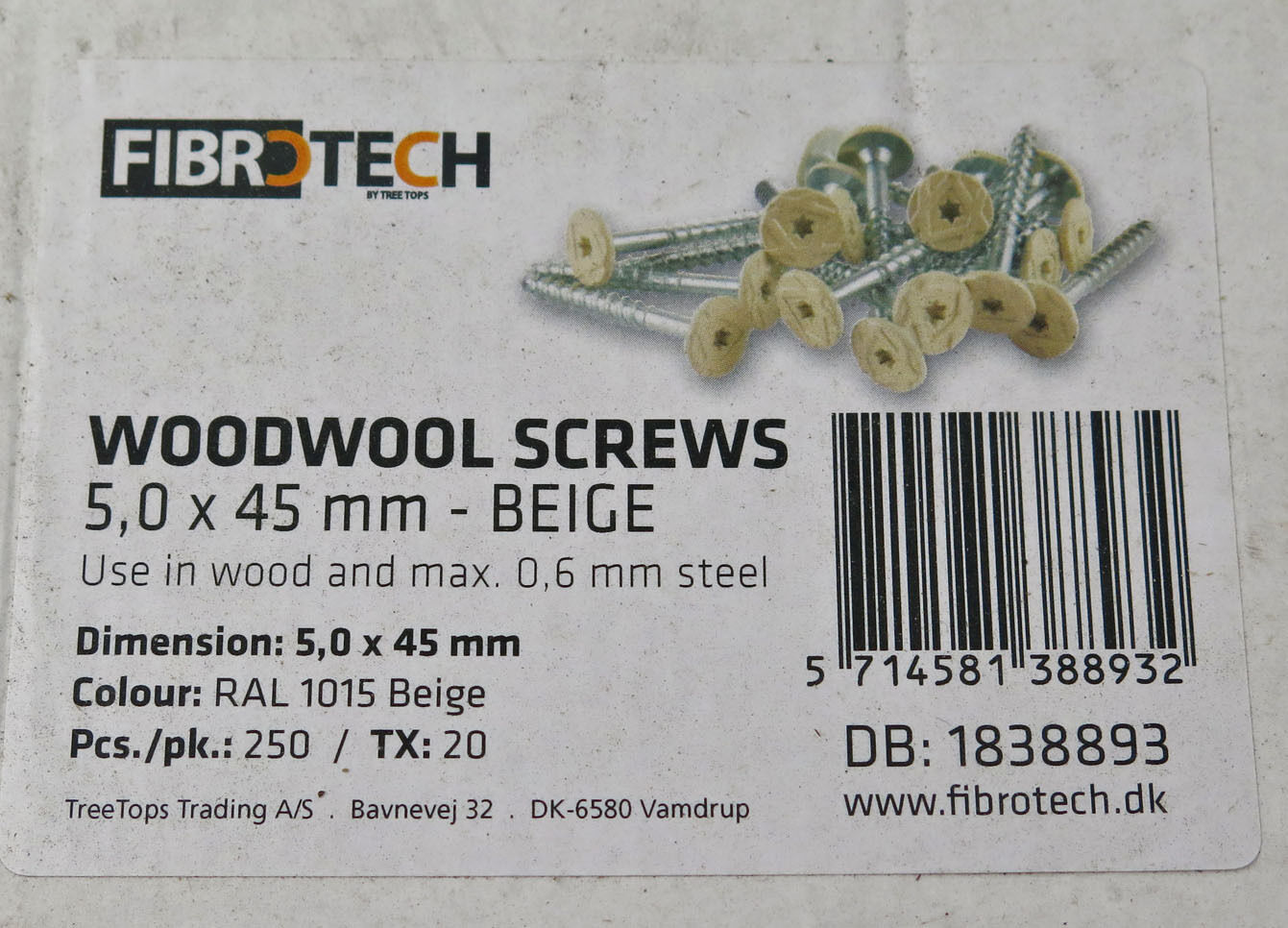 Træbeton skrue 5x45 mm Beige - 250 stk