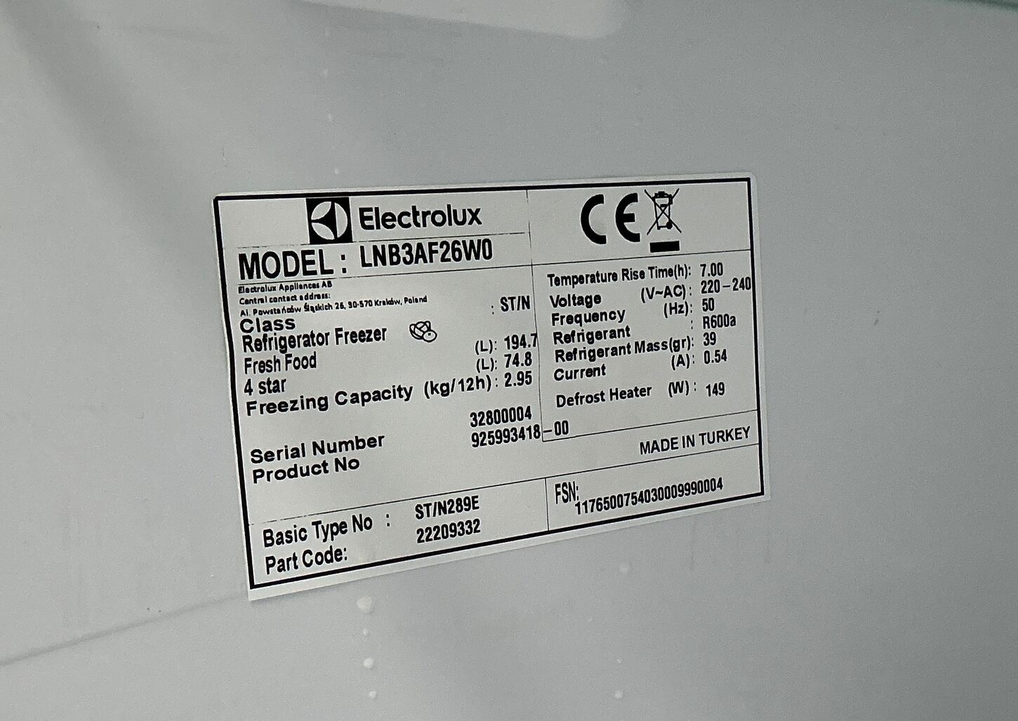 Fritstående Elektrolux køle/fryseskab 194/74 liter