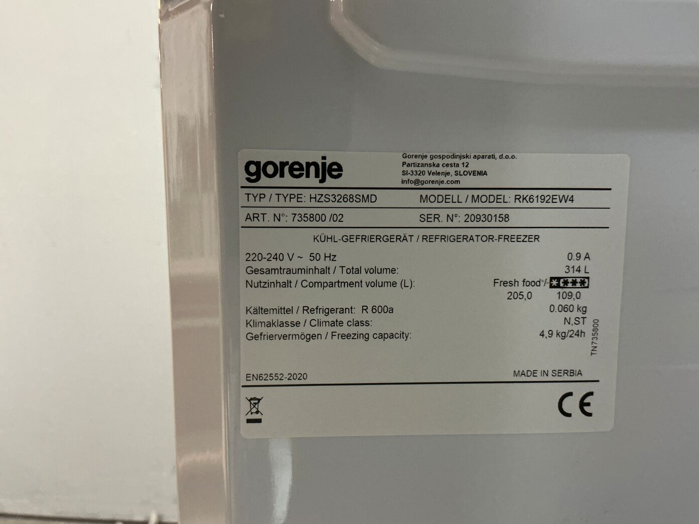 Fritstående Gorenje køle/fryseskab 205/109 liter