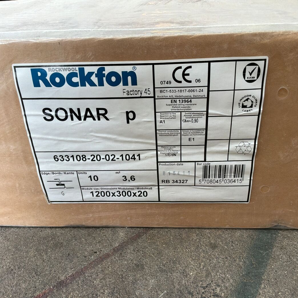 3,6 m2 Rockfon Sonar akustikloftplader 1200 x 300 x 20 mm