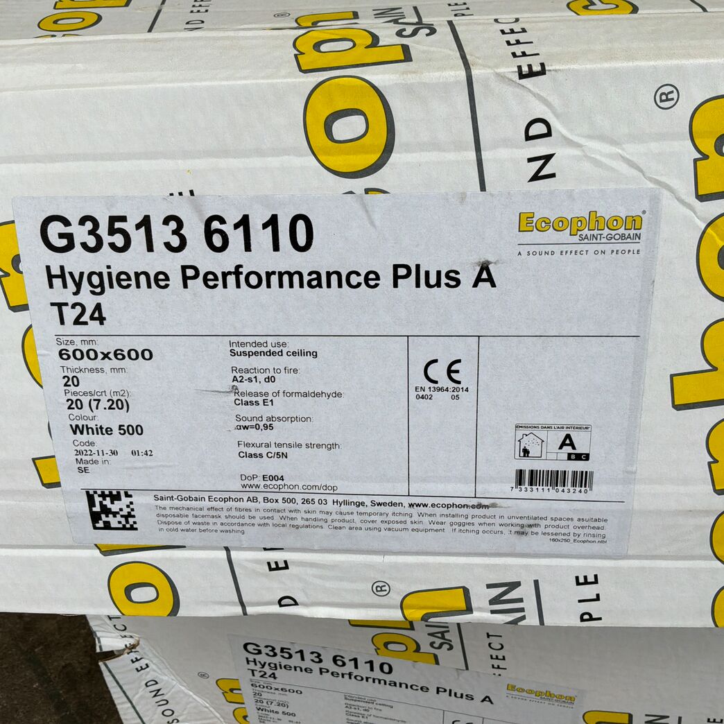 11,5 m2 Samlet parti Ecophon Hygiene Performance Plus A T24 akustikloftplader