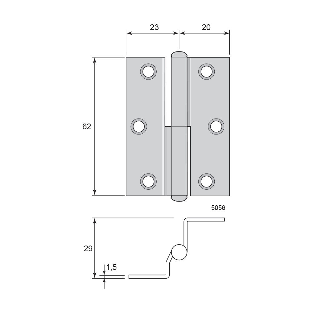 Overfalset skabshængsel  62 mm - venstrehængt