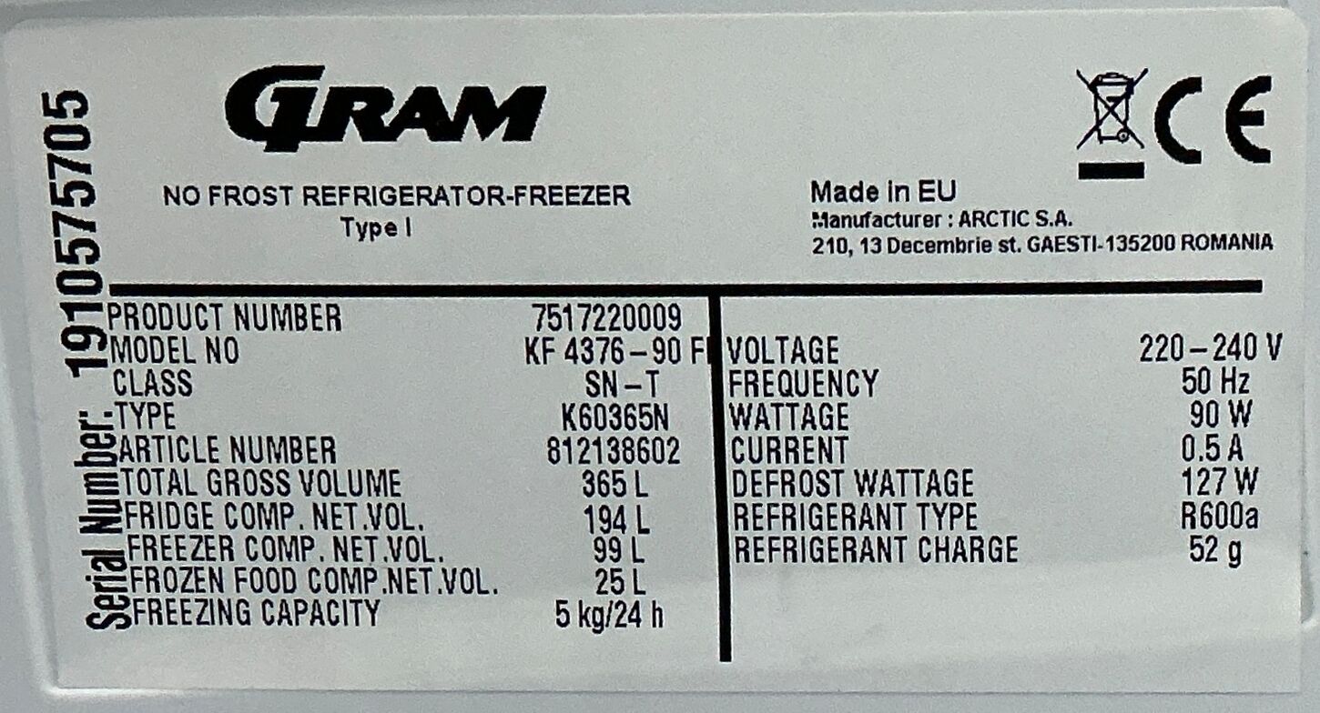 Fritstående GRAM Køle/Fryseskab 194/99 liter