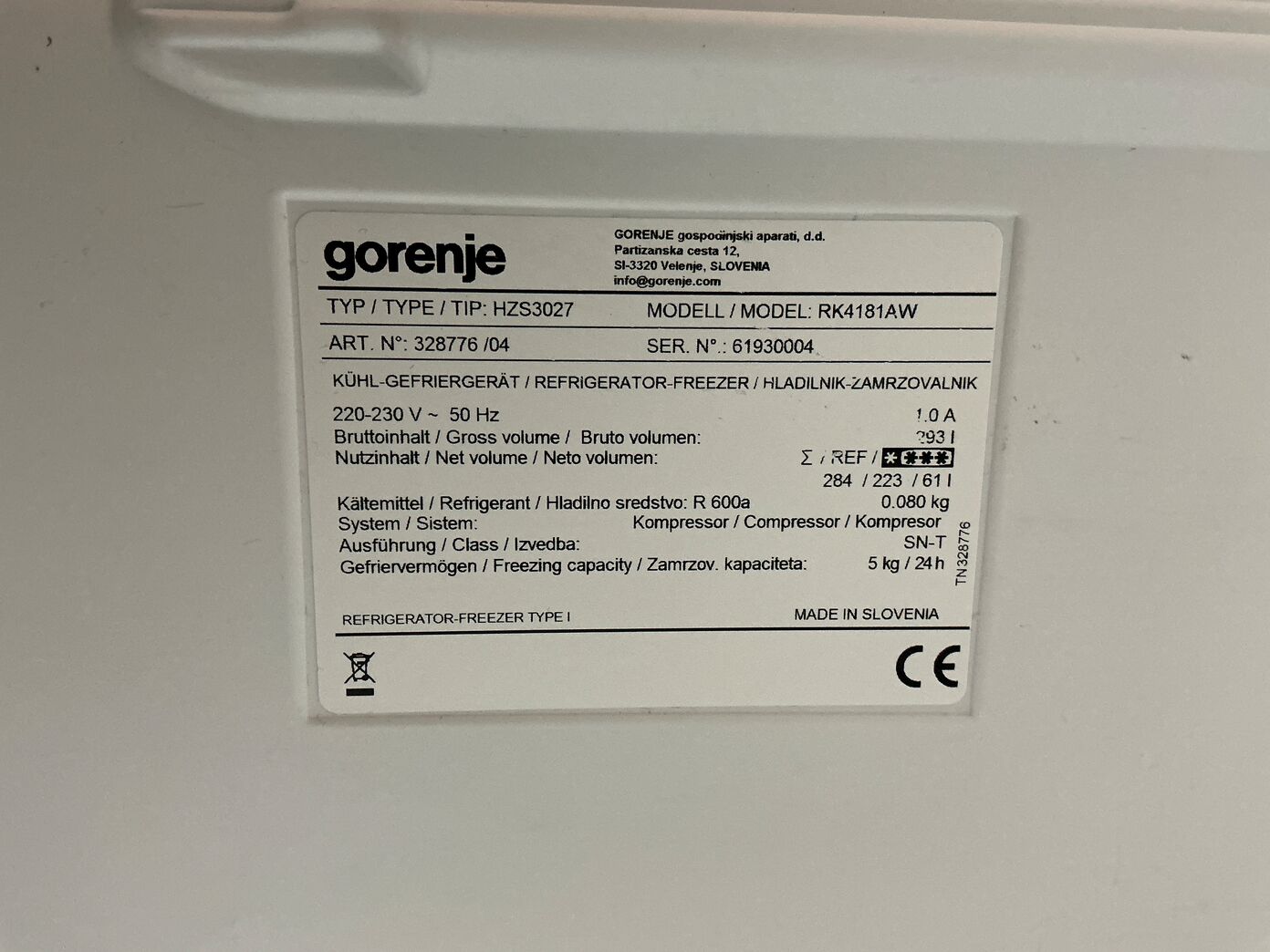 Fritstående Gorenje Køle/Fryseskab 223/61 liter