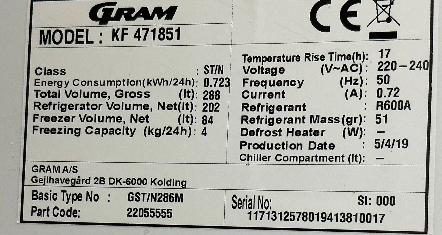 Fritstående GRAM Køle/Fryseskab 202/84 liter