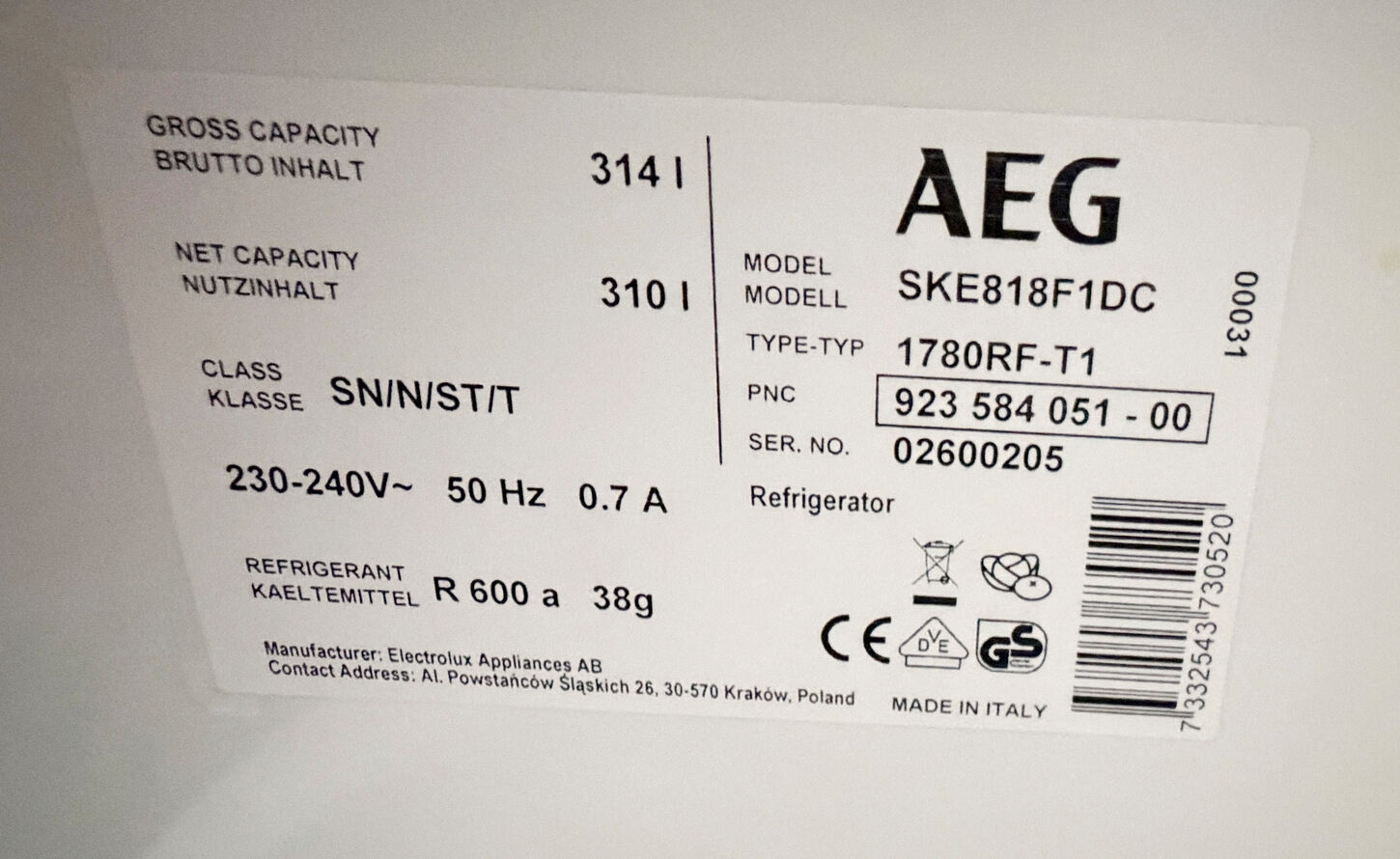 AEG integrerbart køleskab 310 liter
