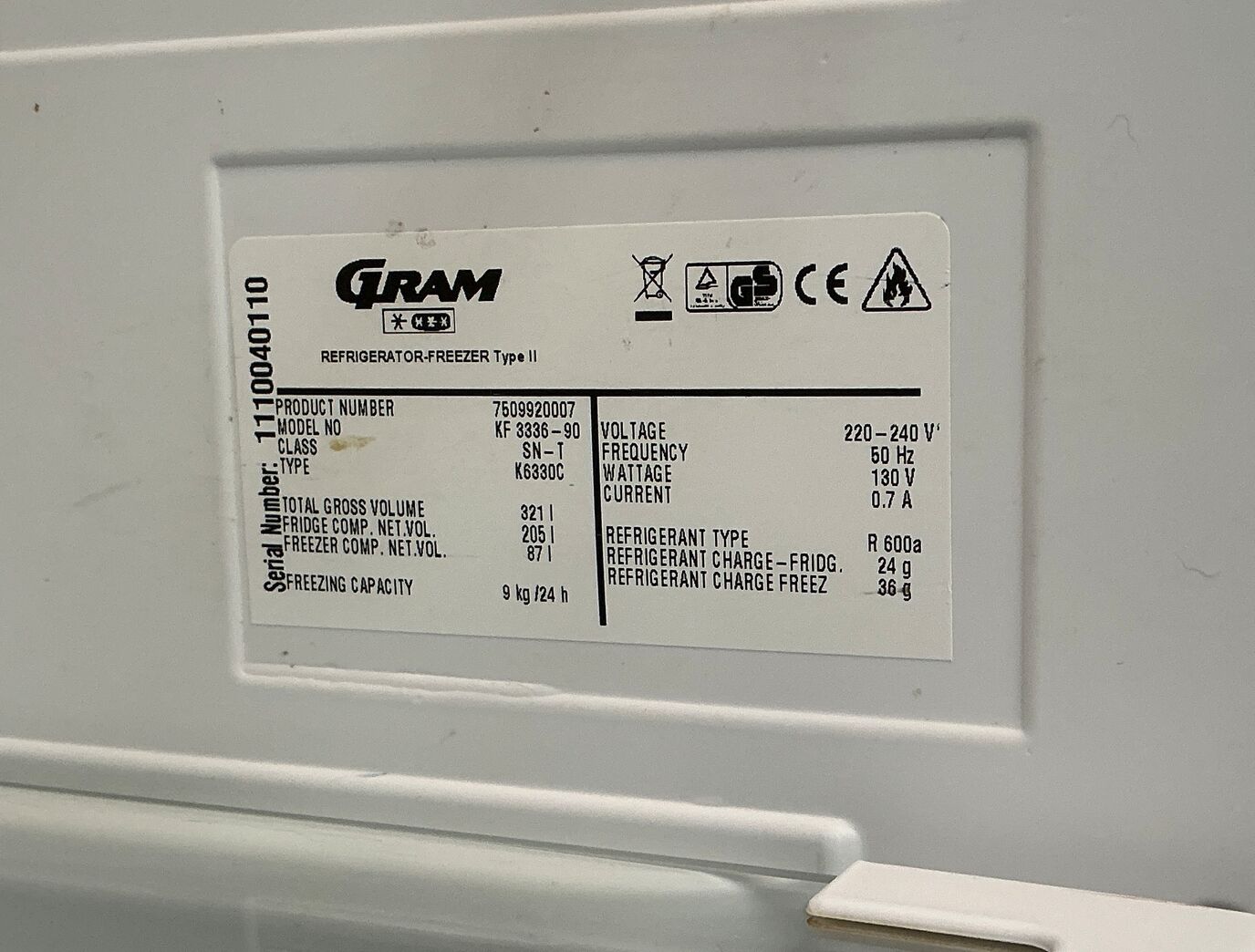 Fritstående Gram køle/fryseskab 205/87 liter