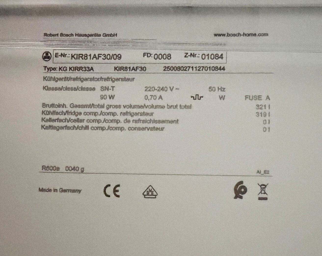 Bosch integrerbart køleskab 319 liter