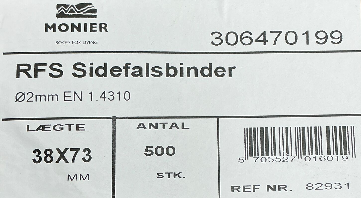 500 stk Sidefalsbinder Ø2mm EN 1.4310