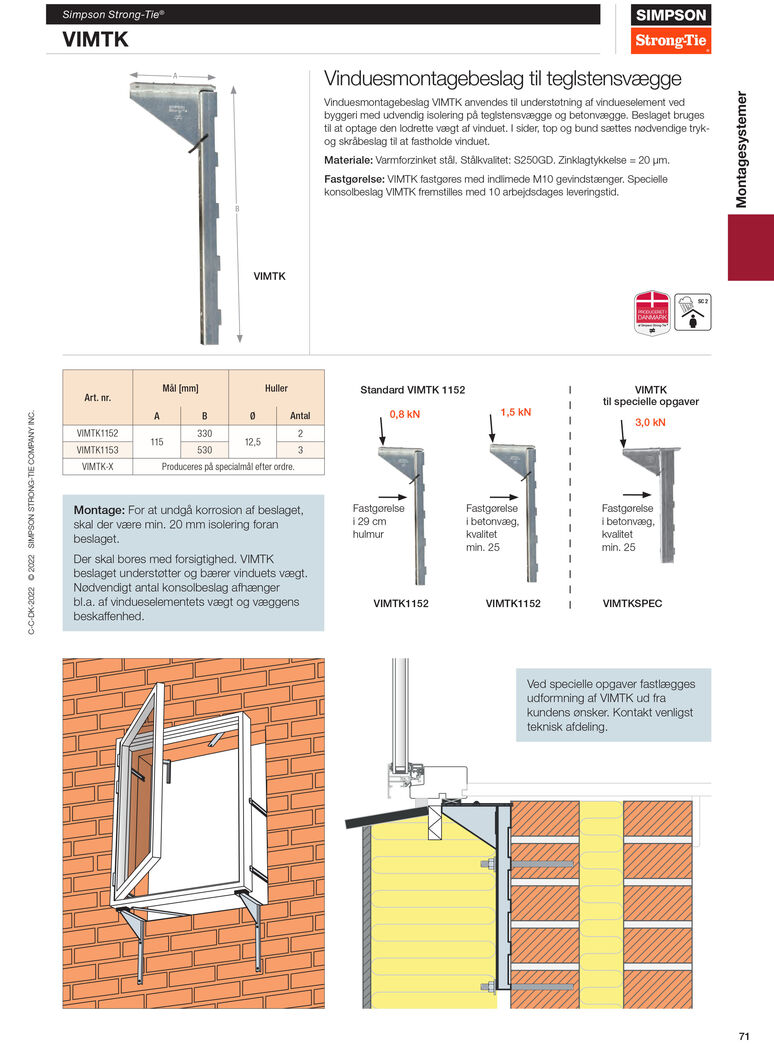 Vinduesmontagebeslag til teglstensvæg 53 cm