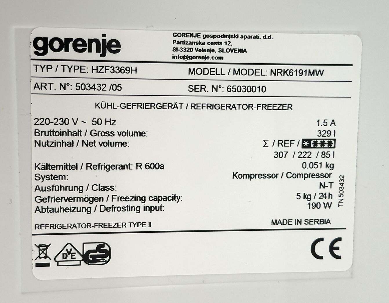 Fritstående Gorenje køle/fryseskab 222/85 liter