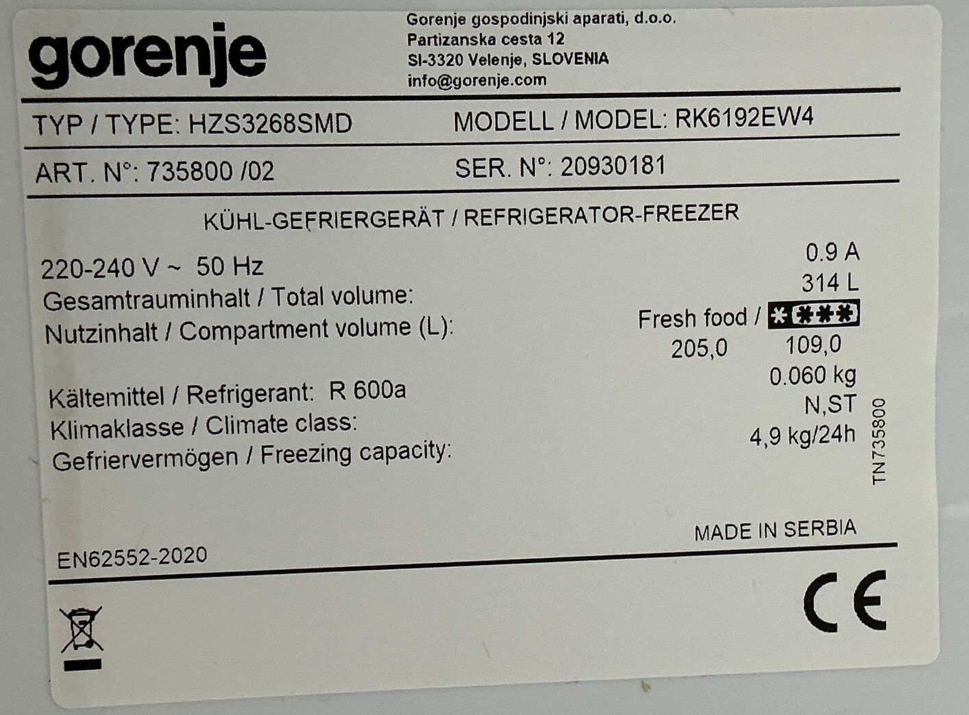 Gorenje køle/fryseskab 205/109