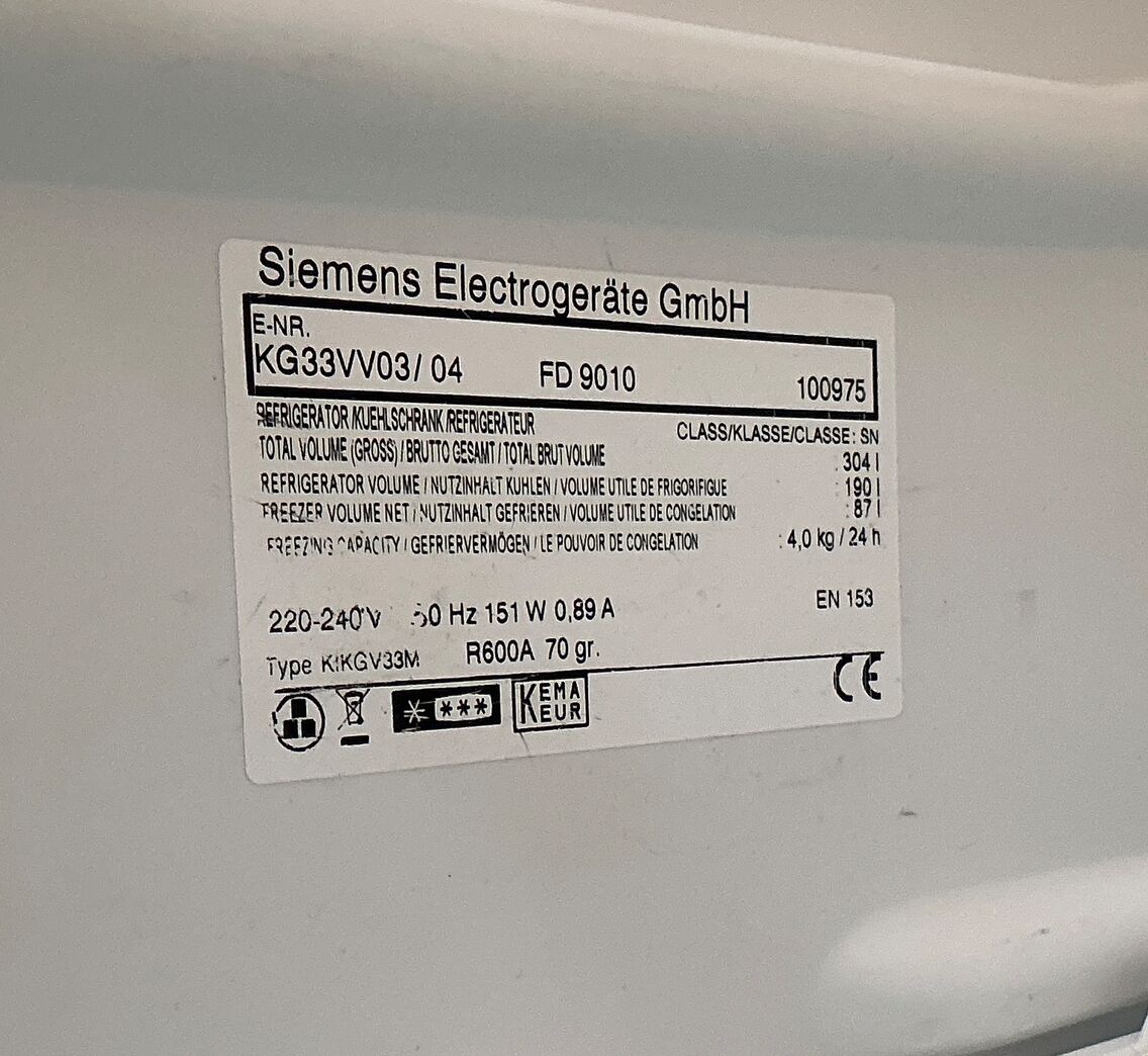 Fristående Siemens køle/frysskab 190/87 liter