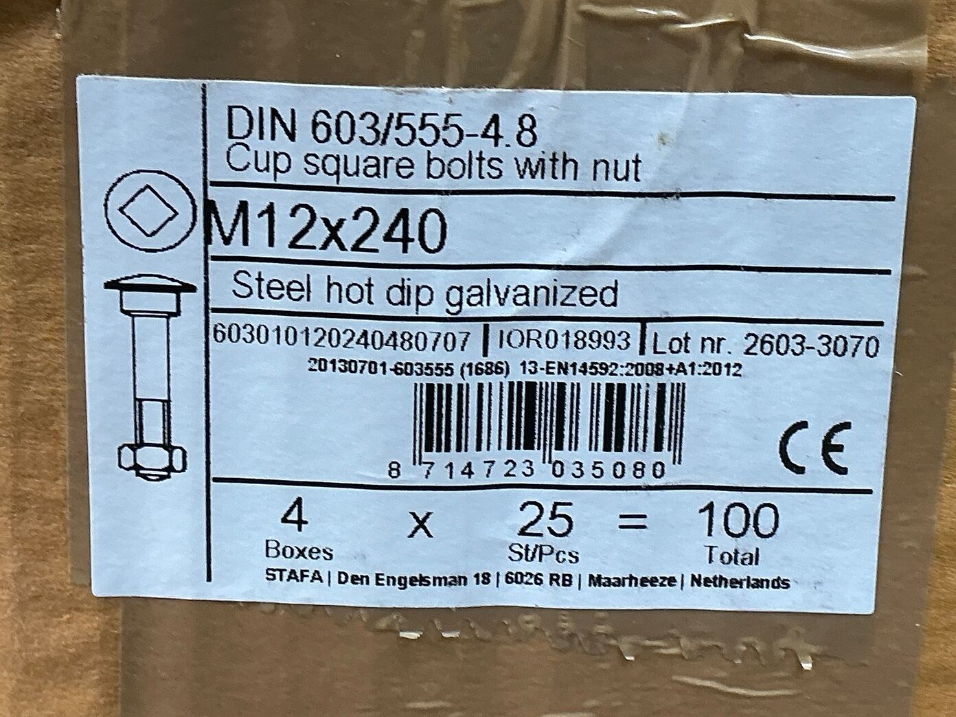 25 stk. bræddebolte - M12x240