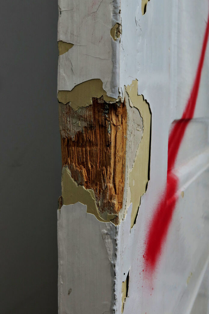 fyldningsdør med karm og skade. fyldningsdør med karm og skade.