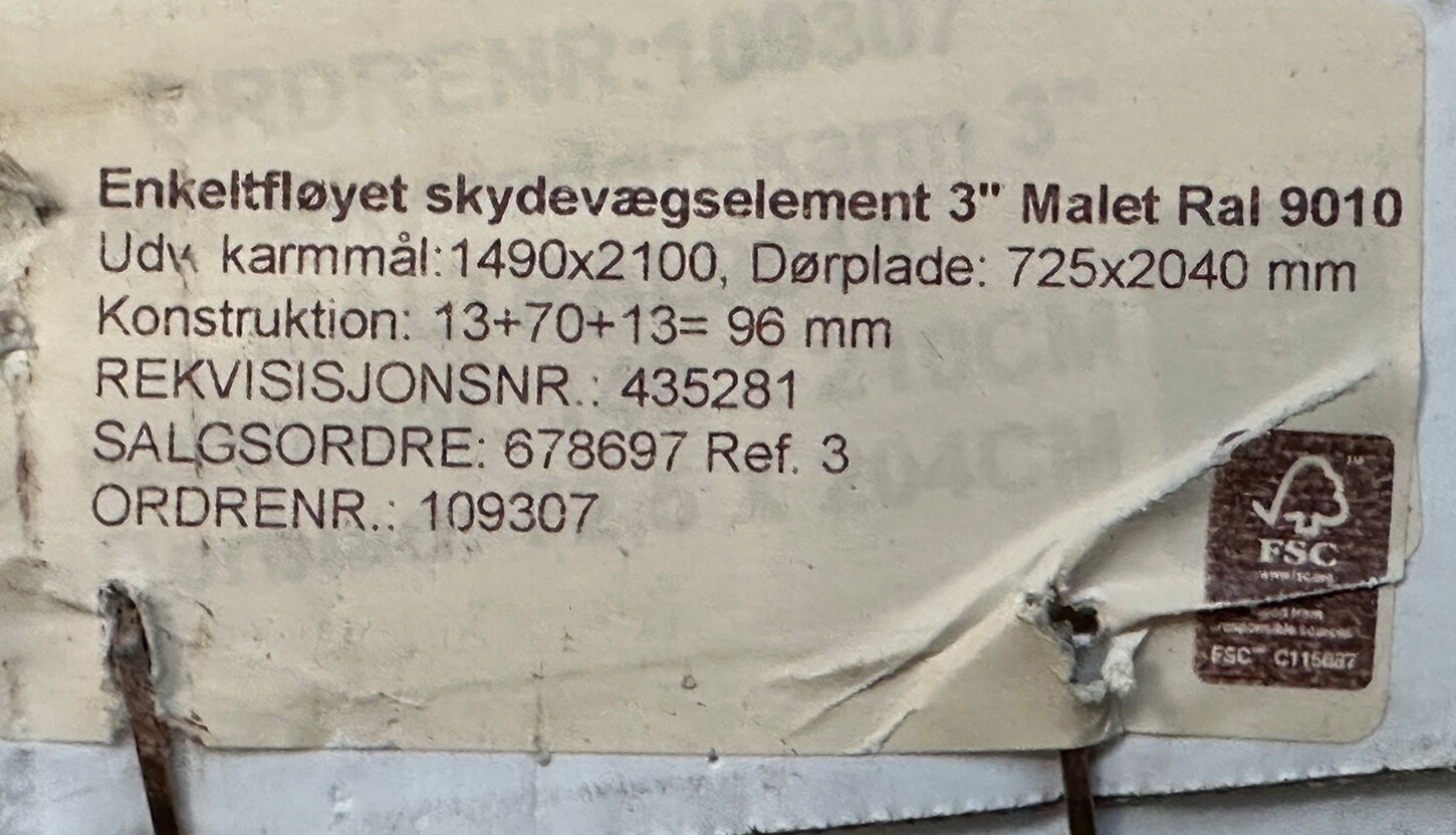 Skydevægselement karmmål 1490x2100 mm væg 96mm