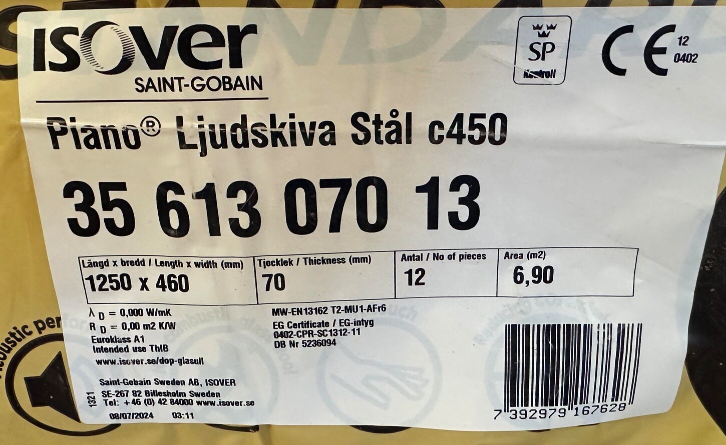 Isover Piano isolering 1250x460x70mm