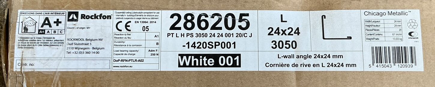 34x Rockfon Vinkelkantprofil 24 mm flanger - Hvid